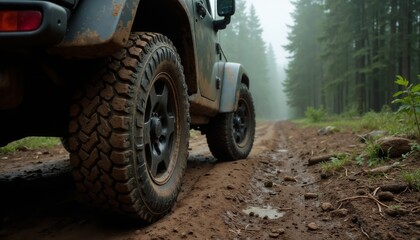 Off-road vehicle on a muddy forest road with fog in the distance.Adventure trip, off-road exploration, wilderness journey, outdoor adventure, vehicle marketing, off-road event promotion, travel advent