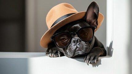 Black French bulldog in a fedora and sunglasses, exuding a mysterious and sophisticated charm