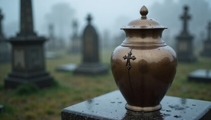 Bronze funeral urn with a cross, cracked on its surface, placed on a stone slab in a cemetery.Memorial tribute, funeral services, burial, grief, remembrance, cemetery, mourning, death anniversary, pea