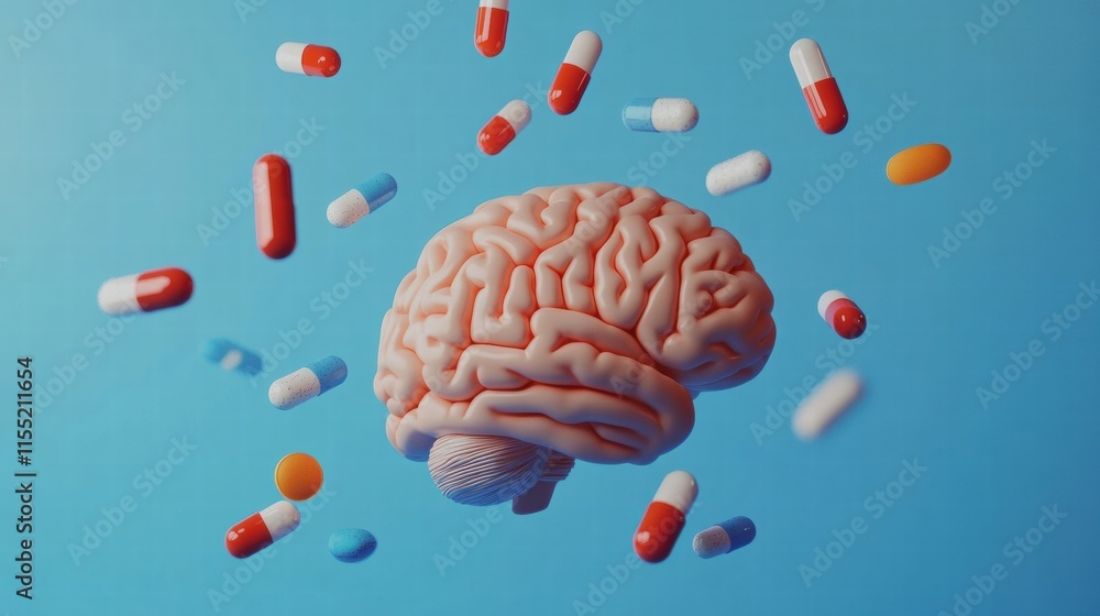 Aufkleber Creative 3D model of a human brain surrounded by colorful pills on a blue background. Generative AI