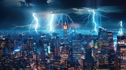 Fototapeta premium Lightning's abstract streaks light up the sky. Thunder rolls, signaling the storm's intensity.