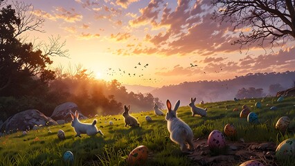 A sunrise over a meadow with bunnies hopping and Easter eggs scattered, holiday promo poster Easter sale banner background, vibrant colors, romantic love and harmony