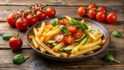 Crispy fries, tomatoes, cucumber.