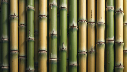 Close-up of green and yellow bamboo stalks in vertical alignment