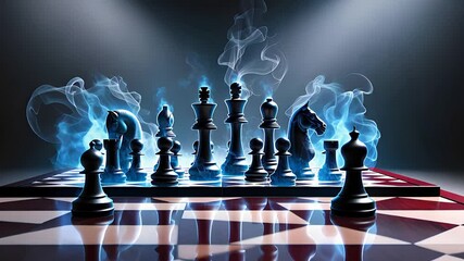 Dramatic Chessboard with Black Chess Pieces Surrounded by Blue Smoke on a Reflective Surface

