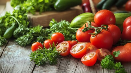 Fresh Tomatoes and Vegetables on Wooden Table. Healthy Food Concept.