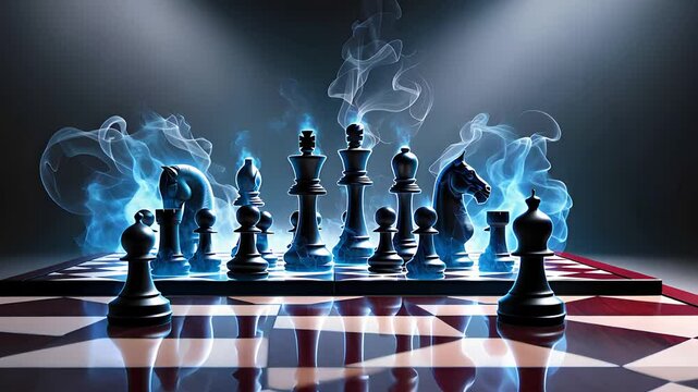 Dramatic Chessboard with Black Chess Pieces Surrounded by Blue Smoke on a Reflective Surface

