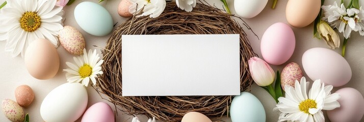 This charming Easter scene features a nest of pastel eggs surrounded by cheerful daisies, capturing the joyful essence of spring celebrations and cherished family traditions during this season