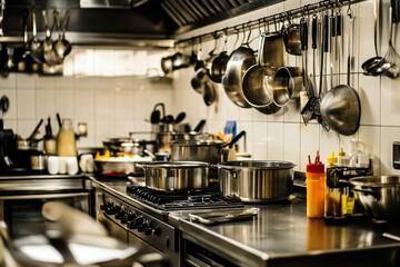 Stainless steel pots and pans hang above a gleaming kitchen stove.