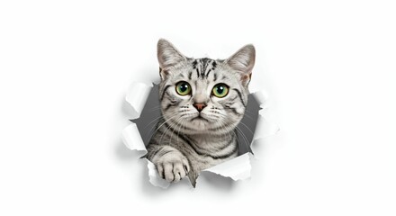 Adorable American Shorthair Cat Emerging Through Torn Paper on White Background
