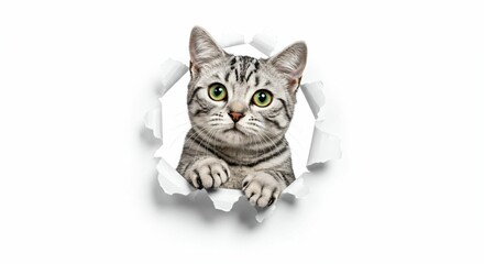 Adorable American Shorthair Cat Emerging Through Torn Paper on White Background