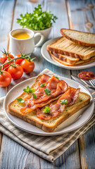 A plate of bacon and toast on a table