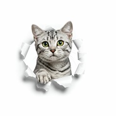 Adorable American Shorthair Cat Emerging Through Torn Paper on White Background