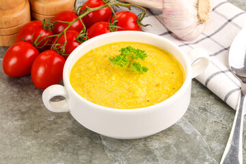 Vegetarian corn cream soup served parsley