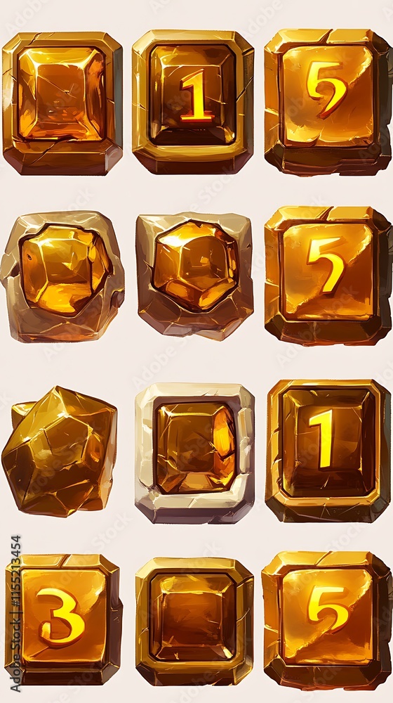 Poster gold gemstone icons with numbers. game ui elements.