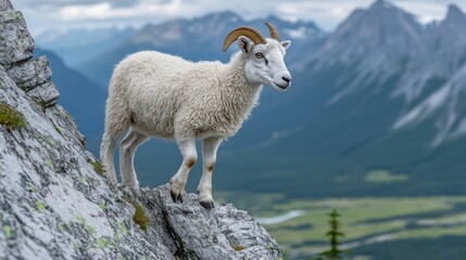 Fototapeta premium Mountain goat perched on a rocky cliff overlooking a valley.
