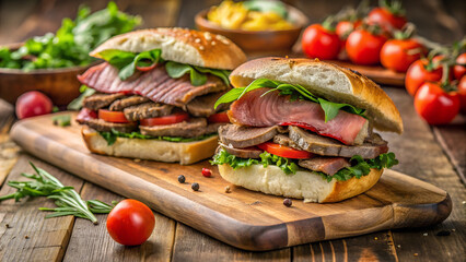 Gourmet Steak Sandwiches on Wooden Board