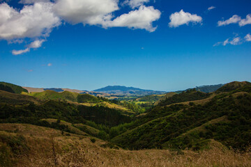 Beautiful mountain landscape in summer. Green rolling hills and distant wind turbines. Waikato, New Zealand