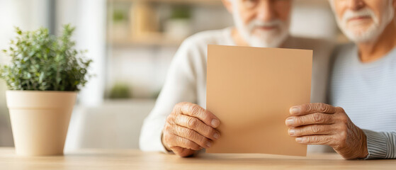 Elderly couple holding document, expressing warmth and connection