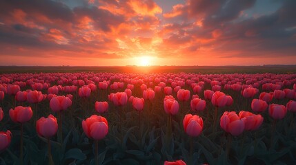Vibrant field of blooming tulips under a golden sunrise, symbolizing renewal and growth