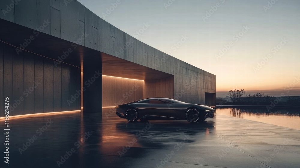 Poster luxury car parked in a modern architecture setting during sunset under clear skies. generative ai