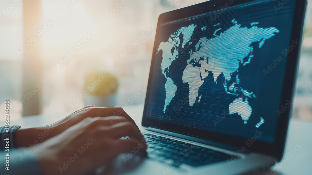 Poster professional working on laptop with global map visualization, showcasing digital connectivity and da