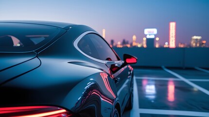 Fototapeta premium Close-Up of Black Car Reflecting Urban Skyline at Night 