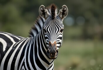 Close-up of a zebra in natural surroundings.