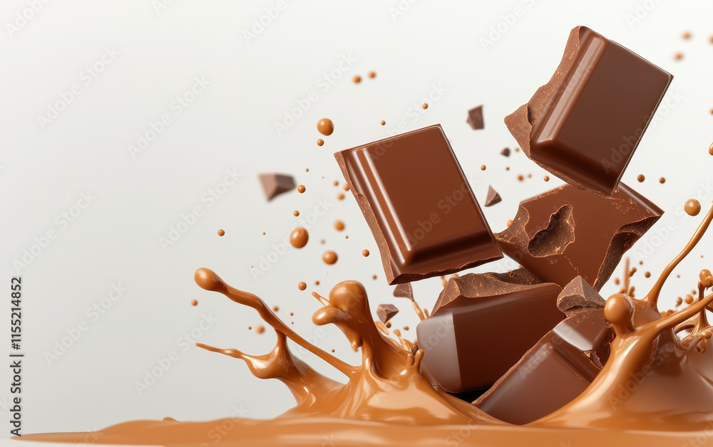 Poster chocolate bar breaking into chunks with dynamic splashes of liquid chocolate, creating exciting and delicious scene