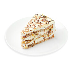 Piece of cake with cream, on a white background, isolated. 