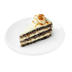 Piece of cake with cream, on a white background, isolated. 