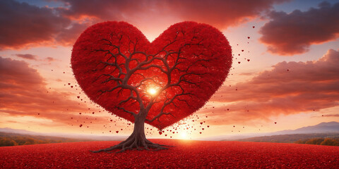 Tree of love. Red heart shaped tree at sunset. Beautiful landscape with red tree and falling leaves.Love background