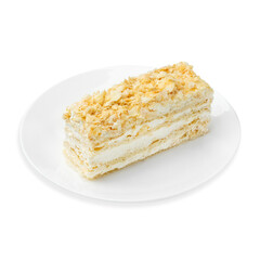 Piece of cake with cream, on a white background, isolated. 