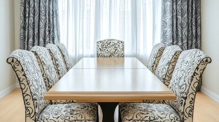 Elegant dining room with a long table and patterned chairs.