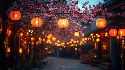 Vibrant lanterns hanging among cherry blossom trees during an evening celebration