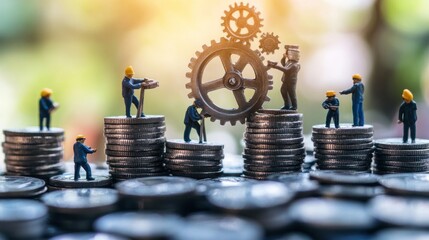 A group of miniature people work together to build gears above and below a stack of coins the concept of building an economy and teamwork with a blur effect creates
