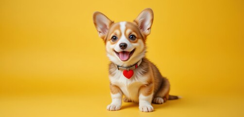 Adorable corgi puppy with red heart collar on yellow background. Banner. 