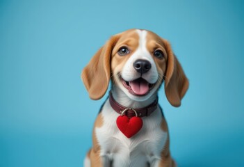 Cute beagle puppy with a heart-shaped tag on blue background.