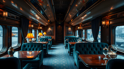 Luxury train lounge interior with velvet armchairs, wooden tables, and vintage decorative elements. Generative AI