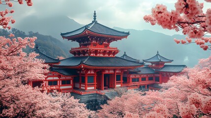 Obraz premium A temple surrounded by cherry blossoms symbolizing serenity and cultural heritage