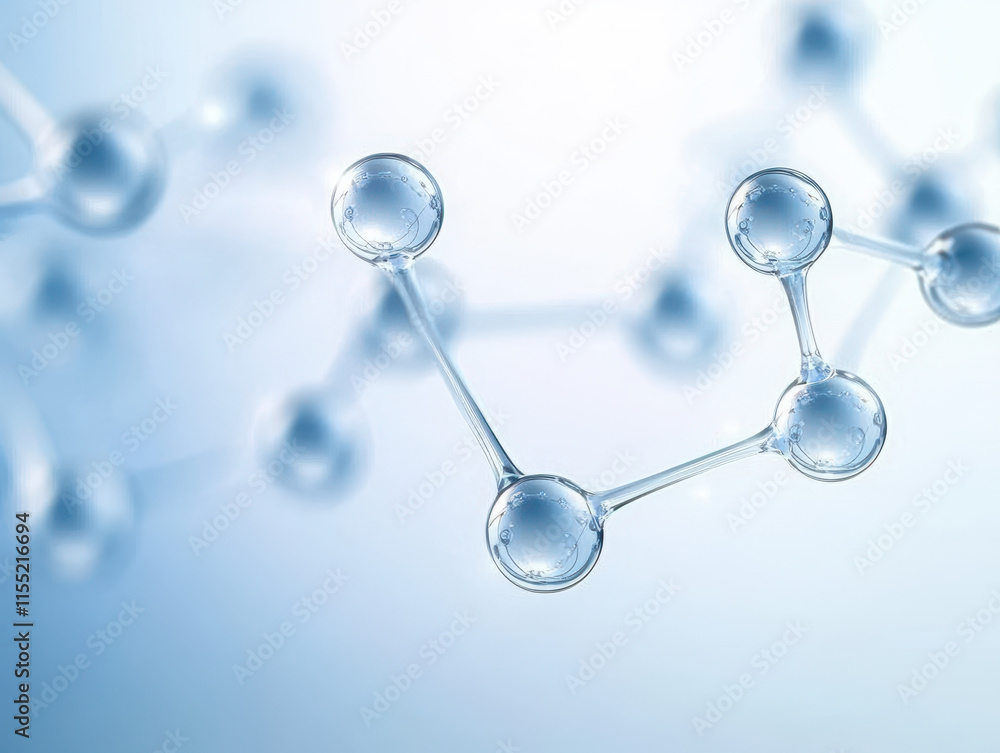 Poster molecular structure with glowing nodes and smooth lines, representing science and innovation