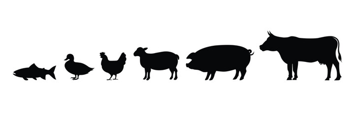 Animal silhouette vector design. Farm animals include chicken, fish, duck, pig, sheep, lamb, and cow vector icons.