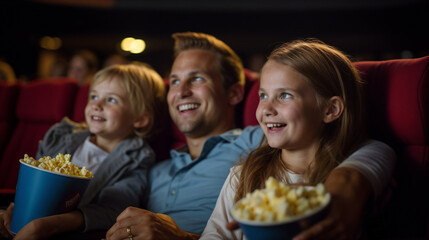 Obraz premium Father with children in cinema. 