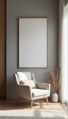 Minimalist living room with a beige chair, wooden floor, large frame hanging on the wall, and natural light creating a peaceful and serene space with light colors and clean lines for a contemporary lo