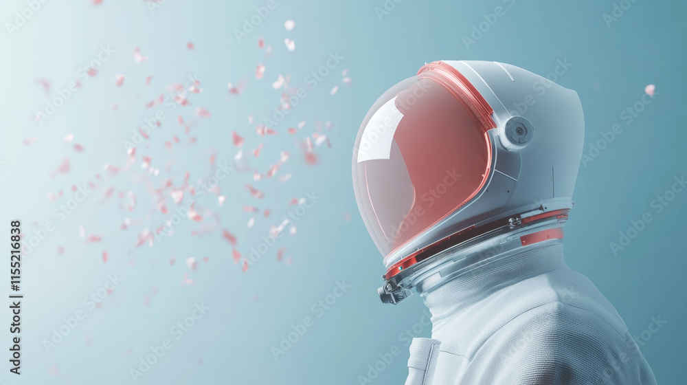 Poster astronaut in a futuristic setting surrounded by floating petals and soft light in an imaginative cos