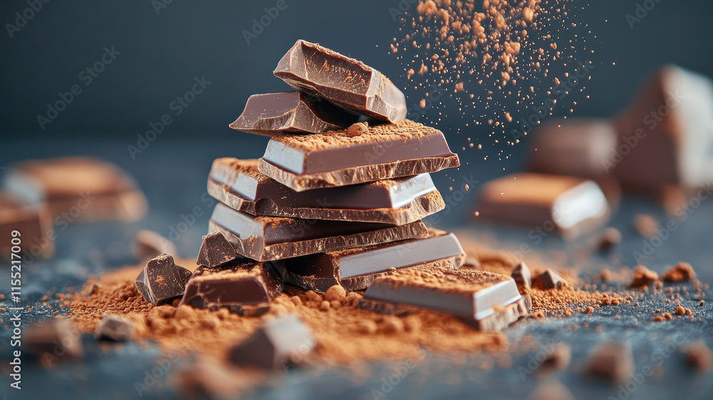 Poster delicious chocolate bars stacked with cocoa powder, creating tempting scene