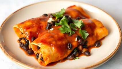 Naklejka premium Mexican enchilada dish with sweet potatoes, corn, tomato salsa, black beans and cheese