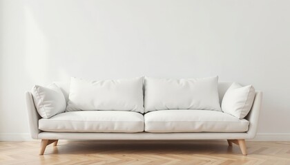 Light sofa on wooden parquet floor with beige upholstery, four pillows, wooden legs, soft wall tones creating a minimalist and cozy living room with clean lines and functional design.