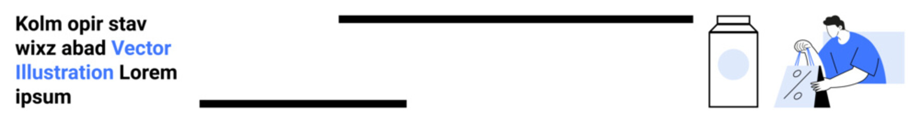 Man in blue shirt pouring liquid from clear bottle next to a milk carton, with placeholder text containing a blue Vector Illustration link. Ideal for webpage design, placeholder text, template