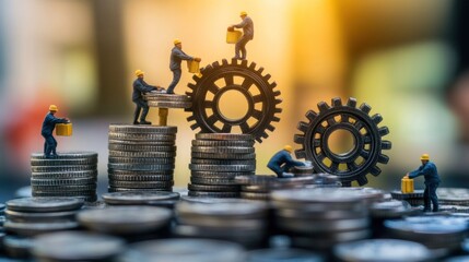 A group of miniature people work together to build gears above and below a stack of coins the concept of building an economy and teamwork with a blur effect creates